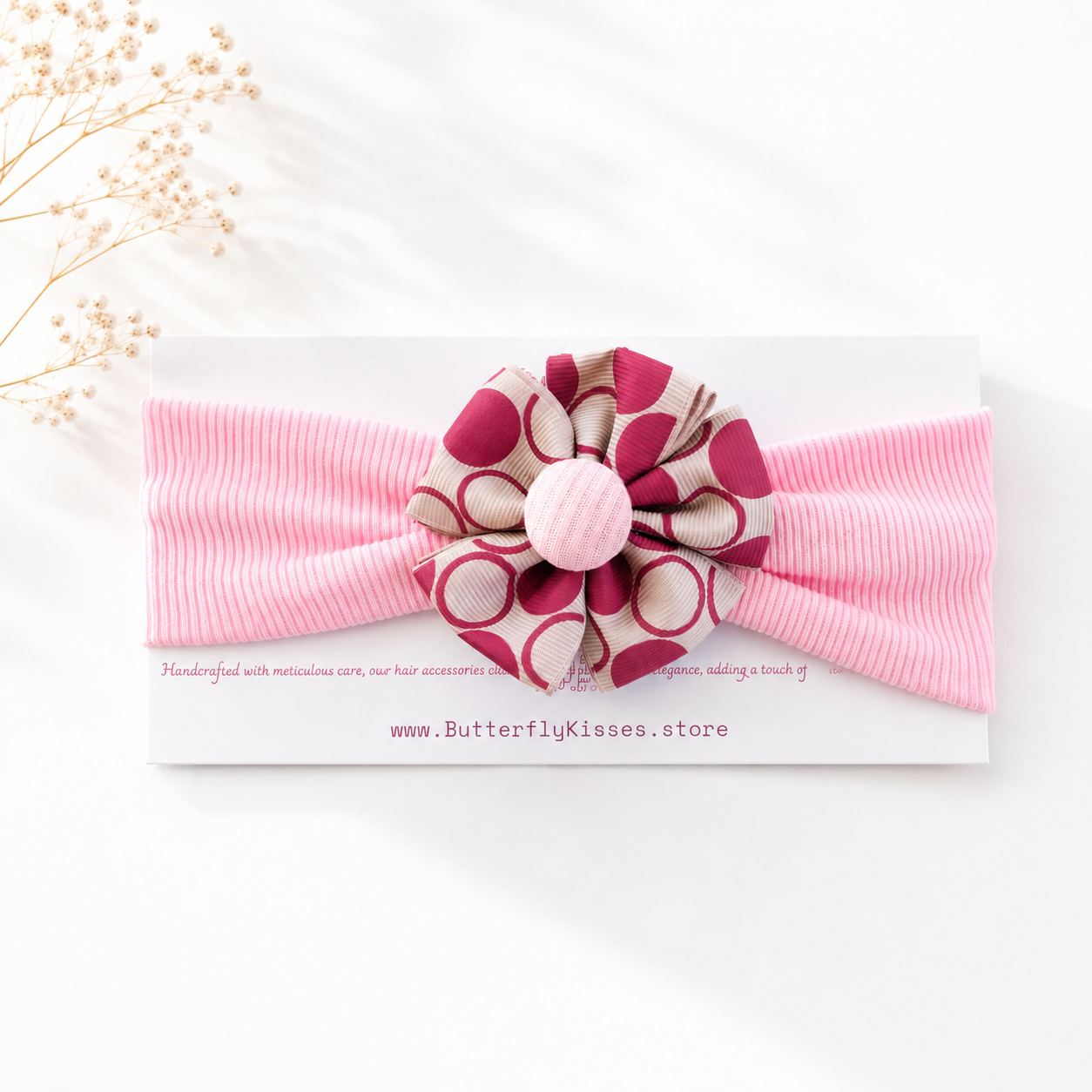 Blush Pink Polka Dot Ribbon Flower Baby Headband