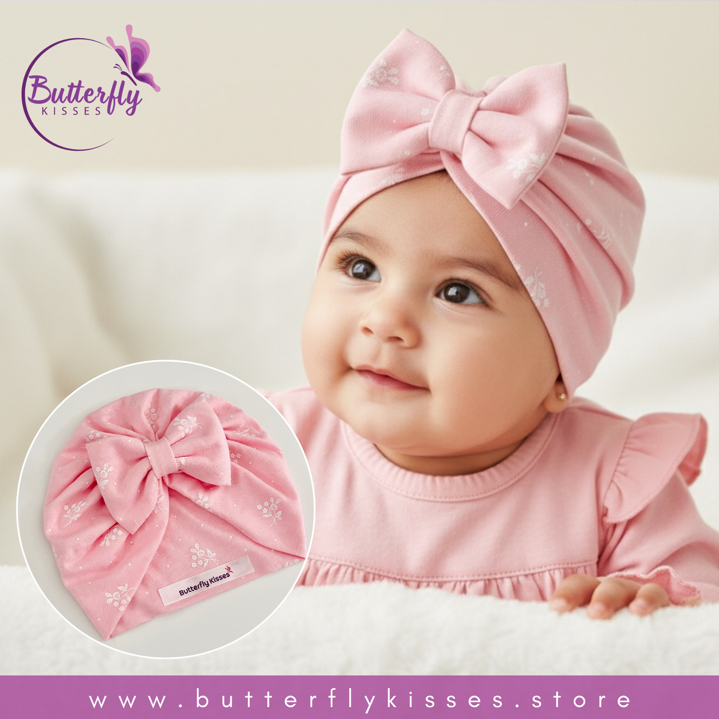 Ditsy Floral Soft Pink Bow Design Baby Turban Hat