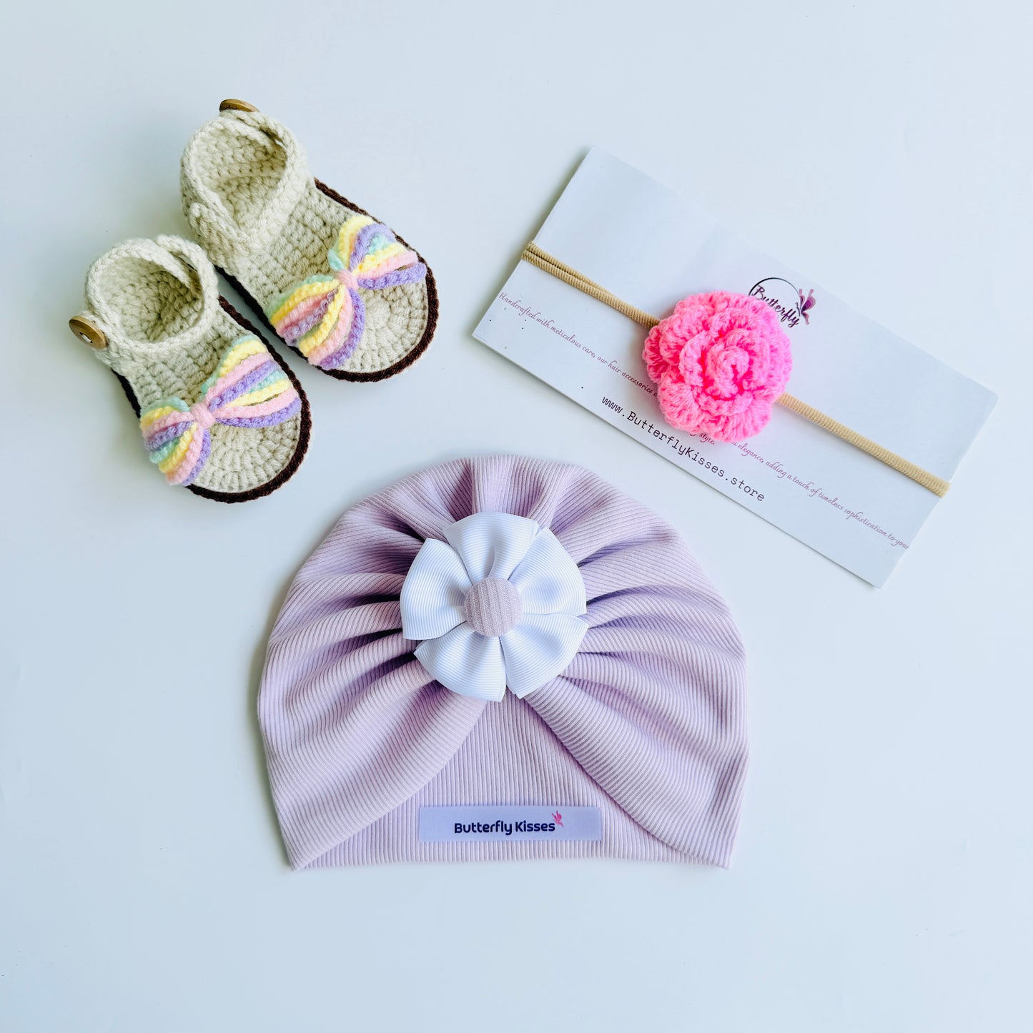 Luxury Pastel Baby Girl Gift Set – Turban Hat with Ribbon Flower, Crochet Sandals & Pink Floral Headband
