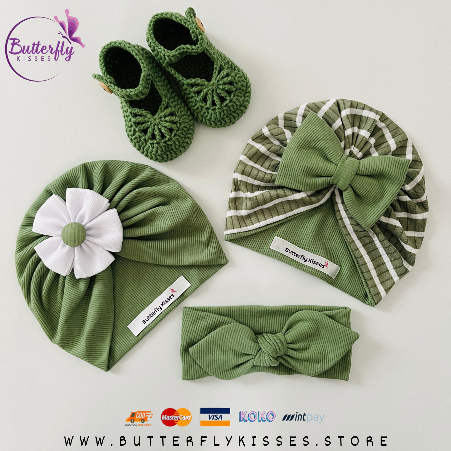 Hunter Green Baby Girl Gift Set – Turban Hats, Headband & Crochet Shoes