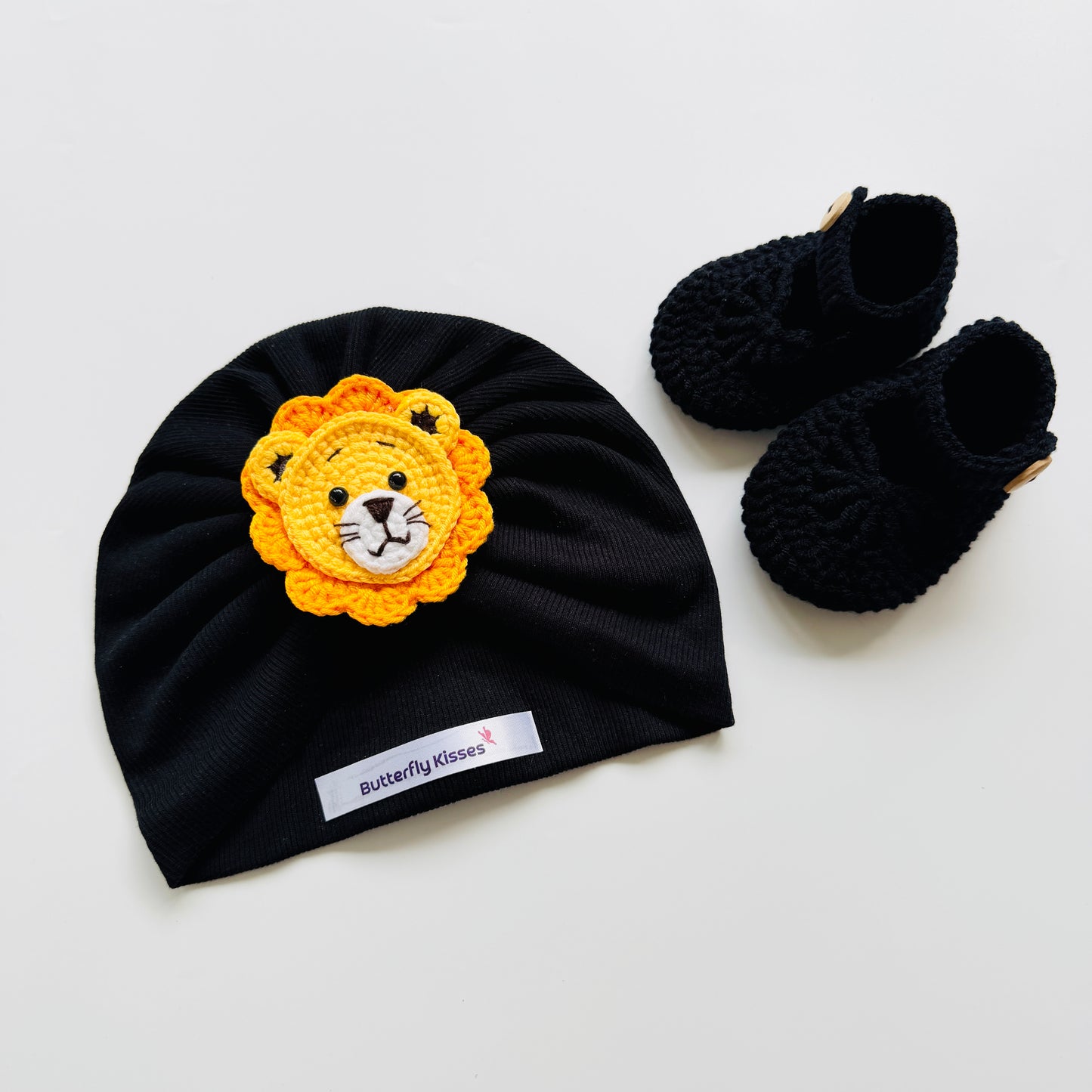 Handmade Lion Baby Turban Hat & Crochet Booties Gift Set