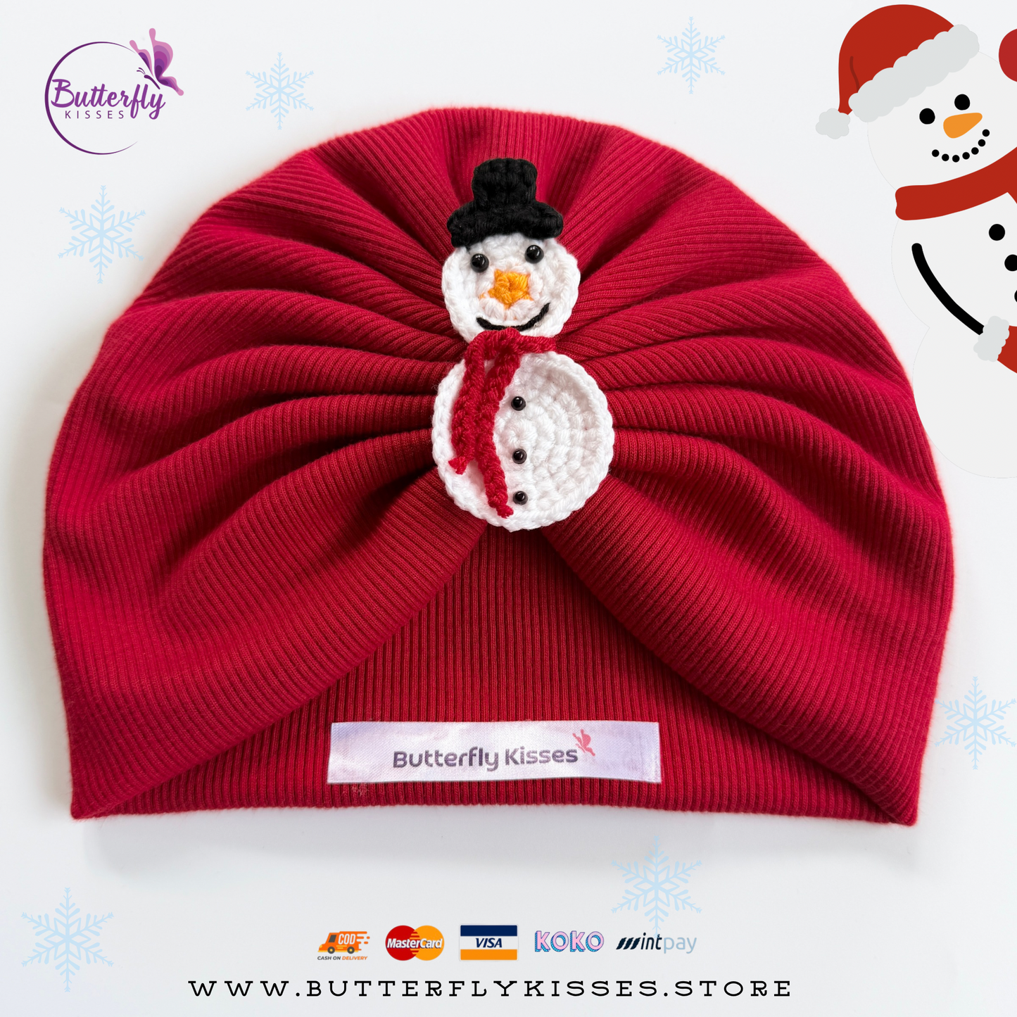 Christmas Magic Turban Hat With Crochet Santa & Snowman