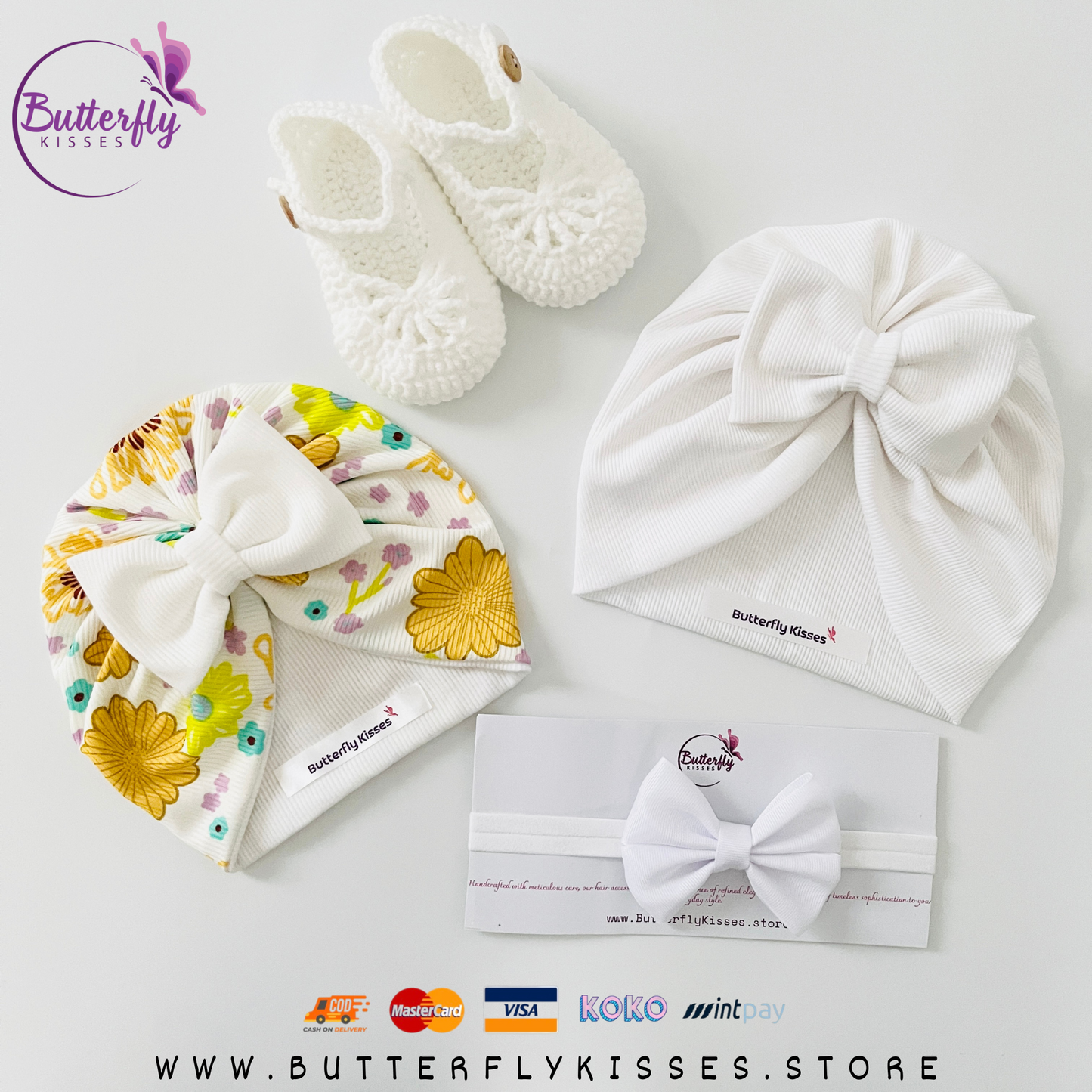 White & Floral Baby Gift Set – Bow Turban Hats, Headband & Crochet Shoes