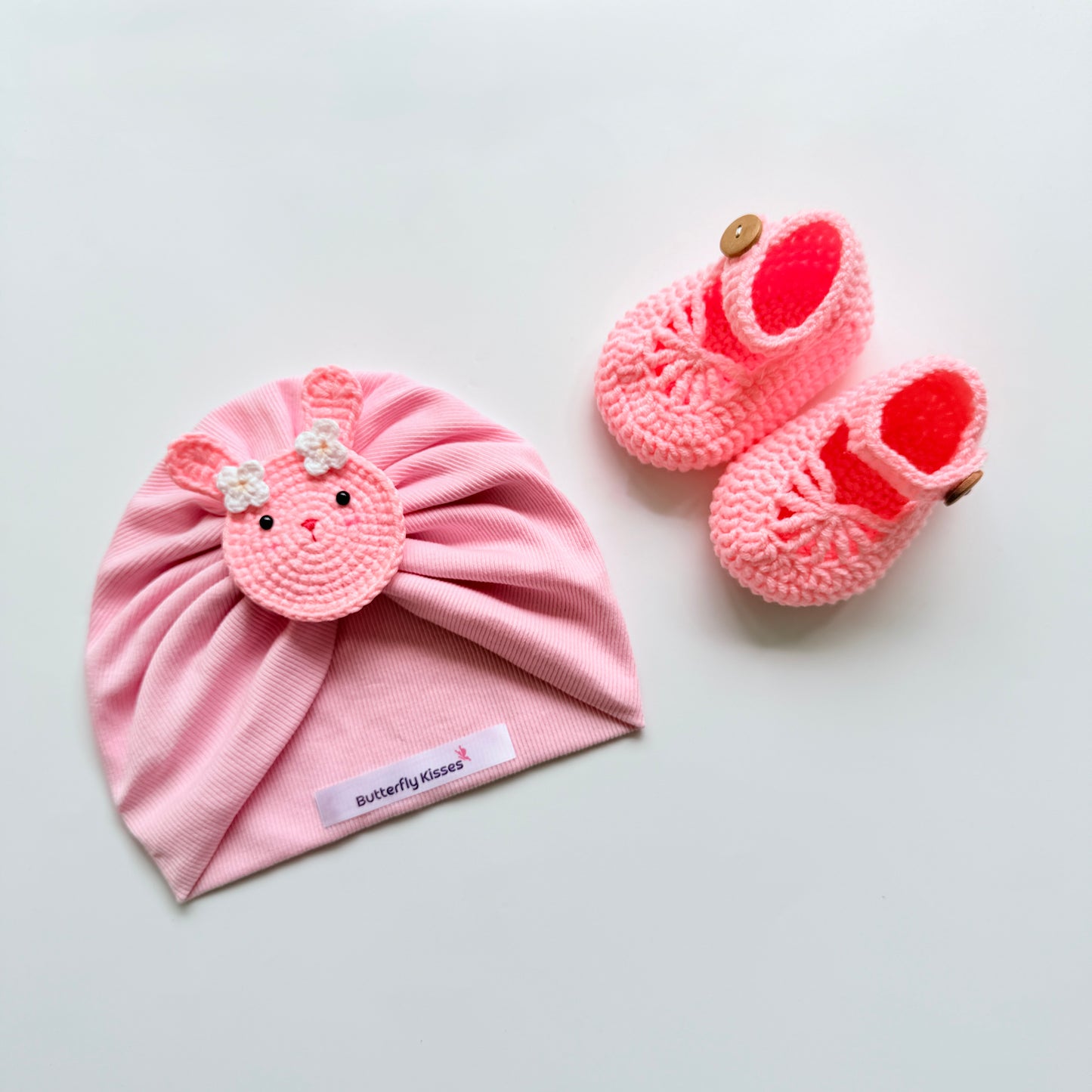 Handmade Bunny Baby Turban Hat & Crochet Booties Gift Set