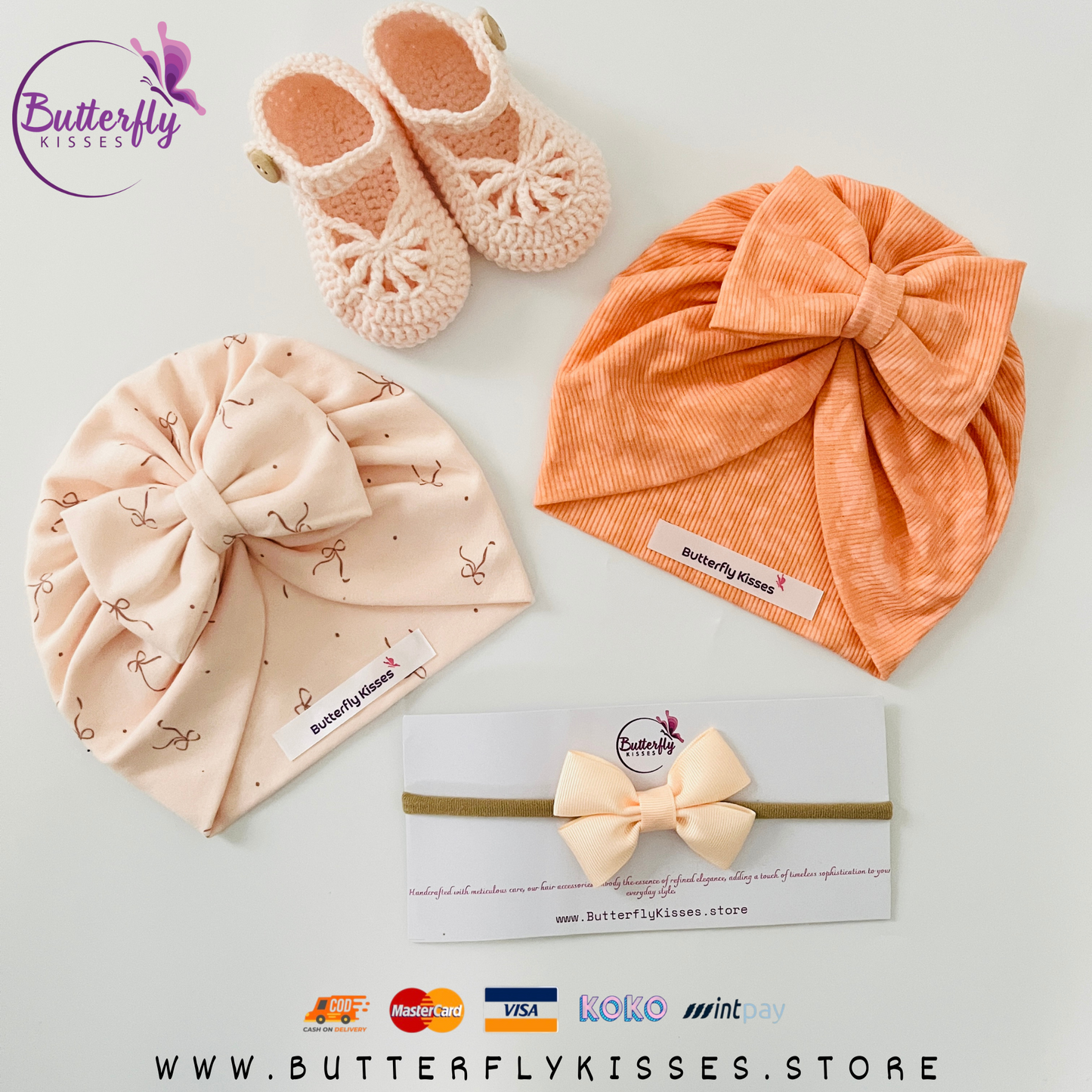 Peach Bliss Baby Girl Gift Set – 2 Turban Hats, Headband & Crochet Shoes