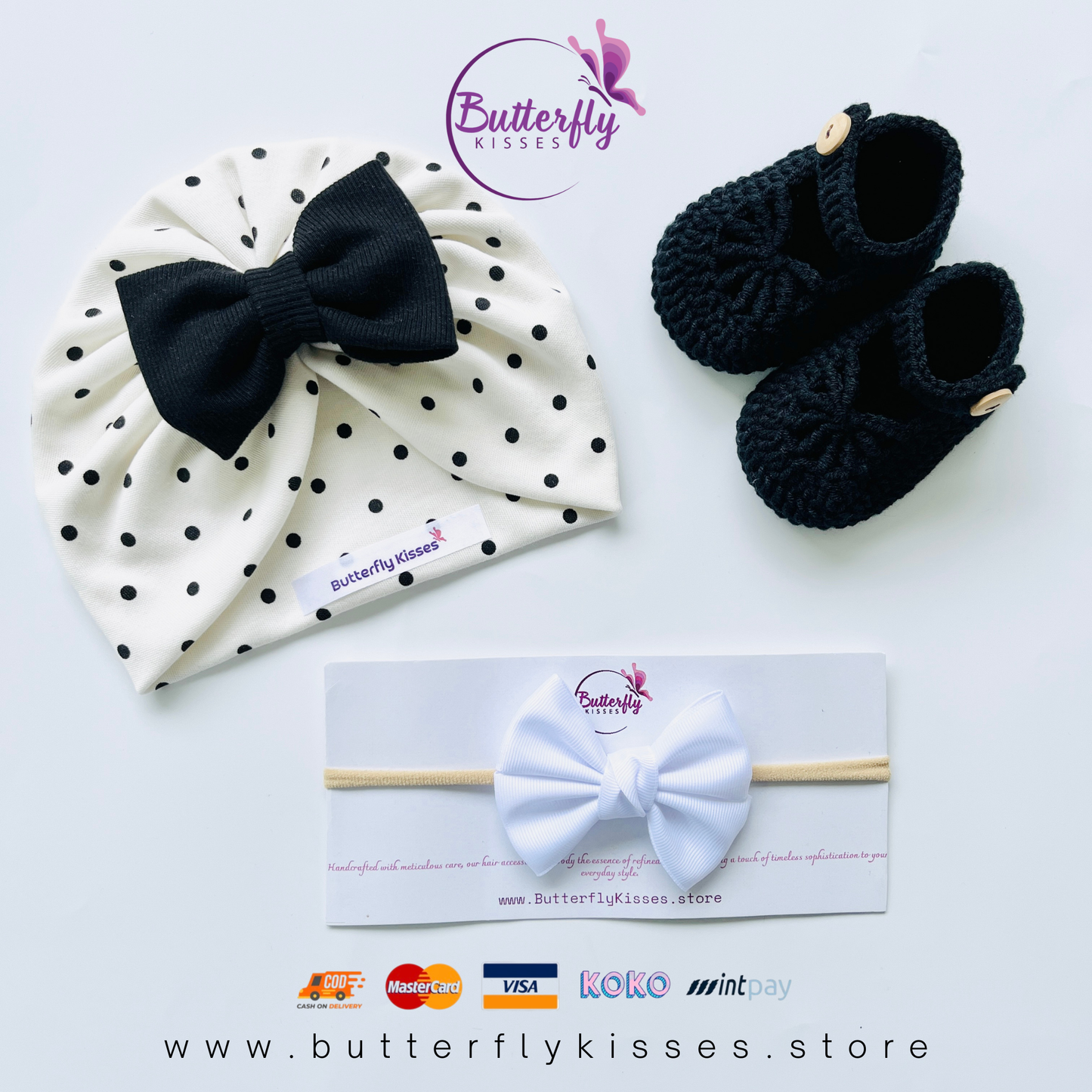 Black Polka Dot Turban, Bow Headband, and Crochet Bootie Set