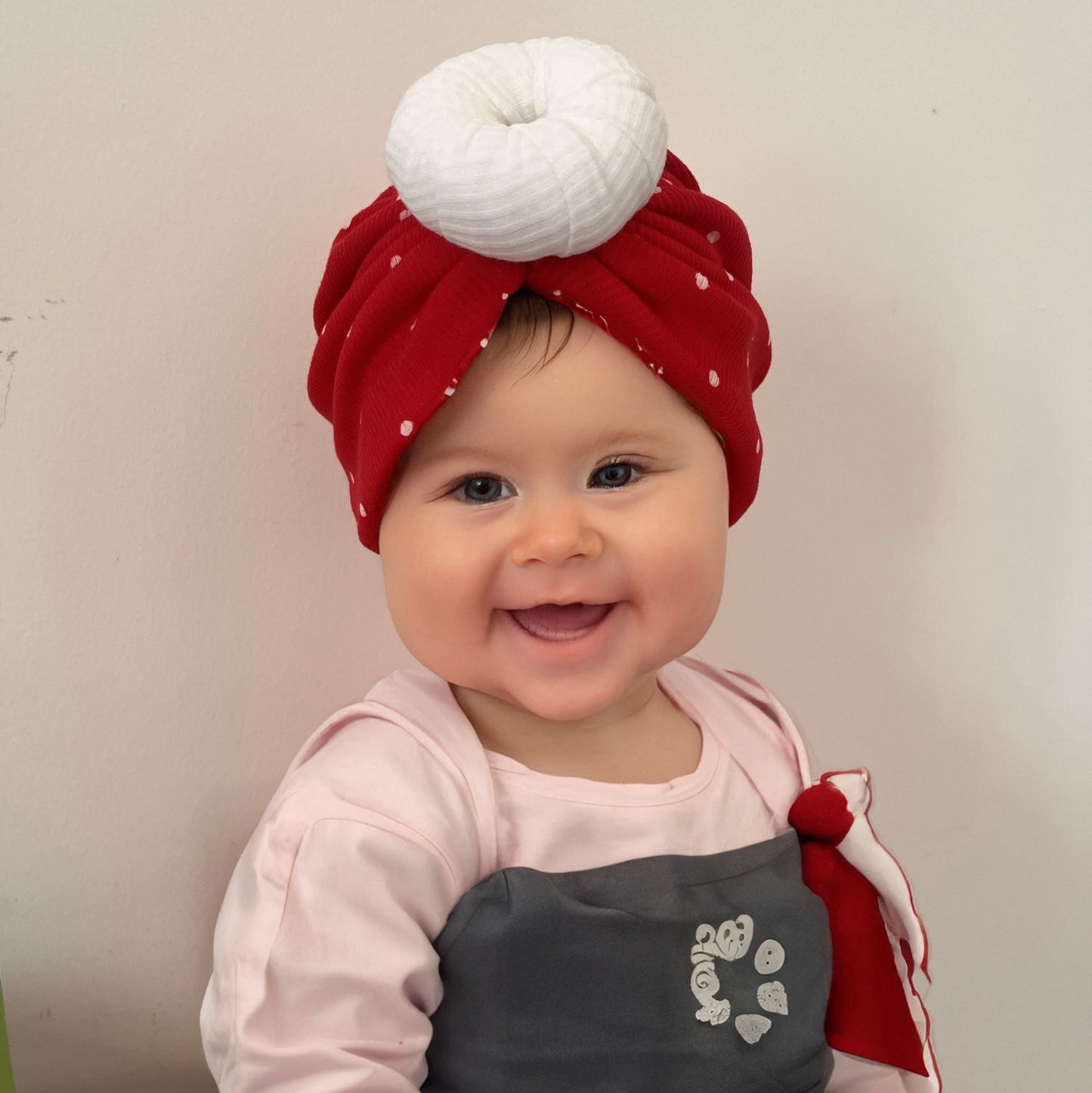Red Colour Baby Turban With White Dots - Donut Design