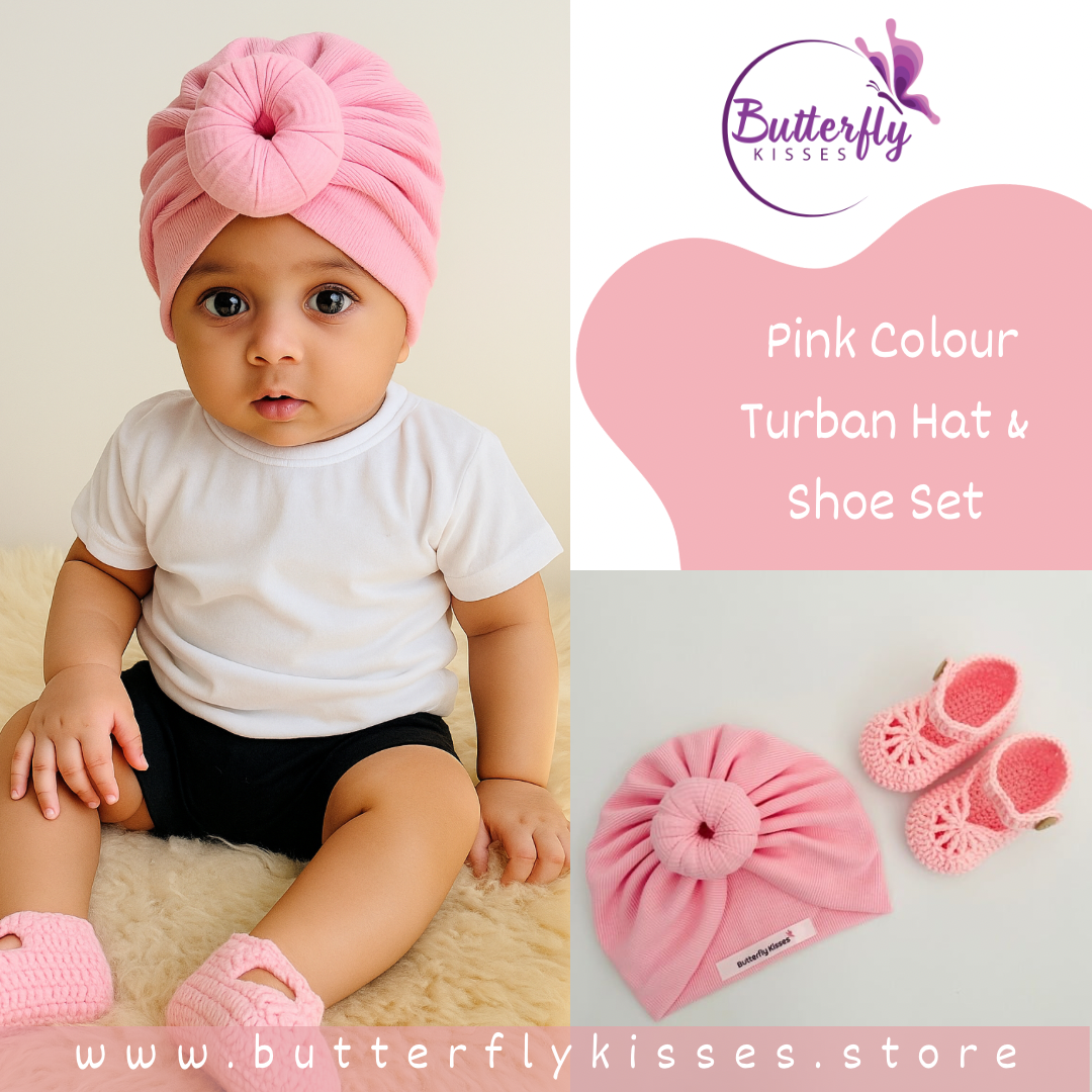 Sweet Pink Donut Turban Hat & Crochet Shoe Set for Babies