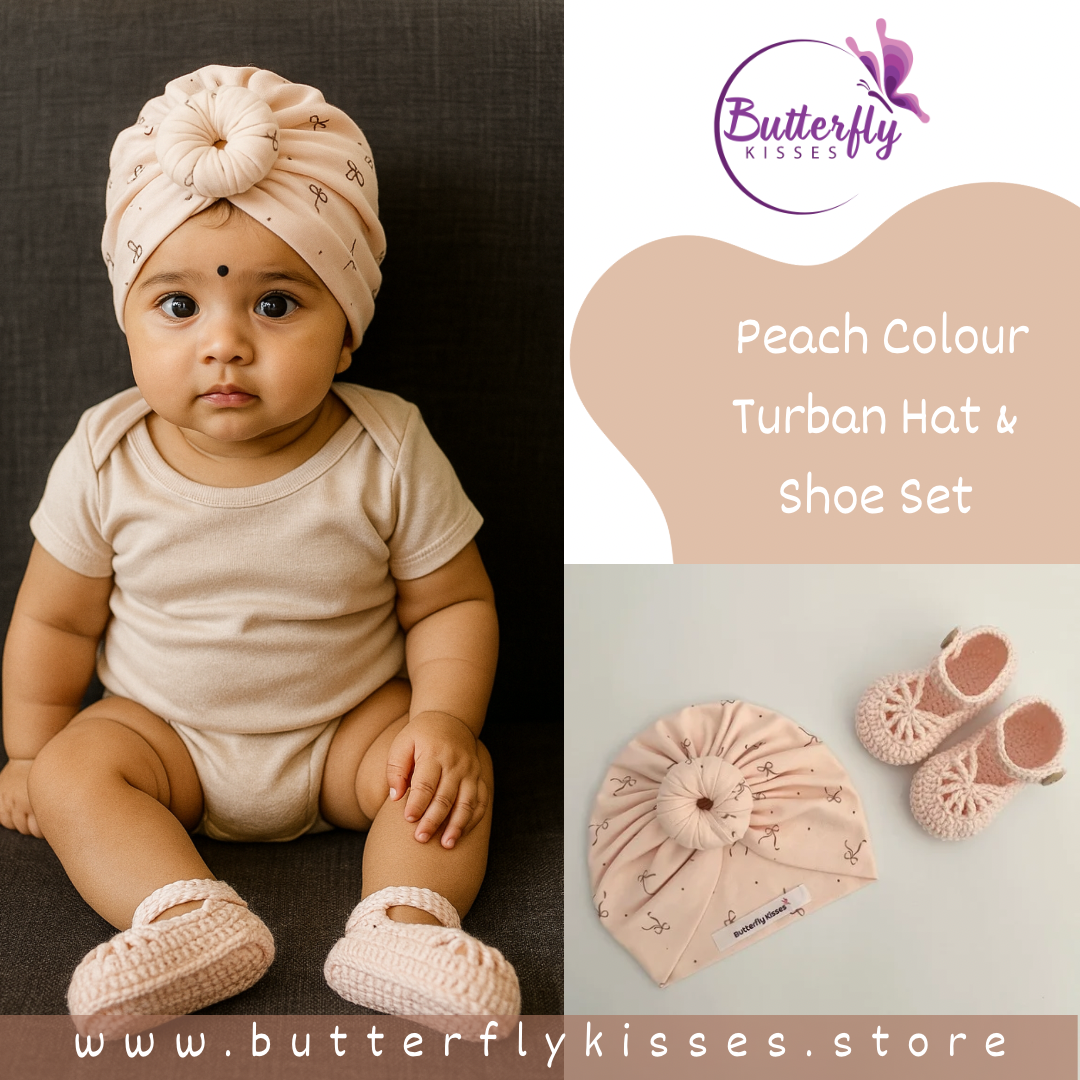 Soft Peach Bow Print Donut Turban Hat & Crochet Shoe Set for Babies