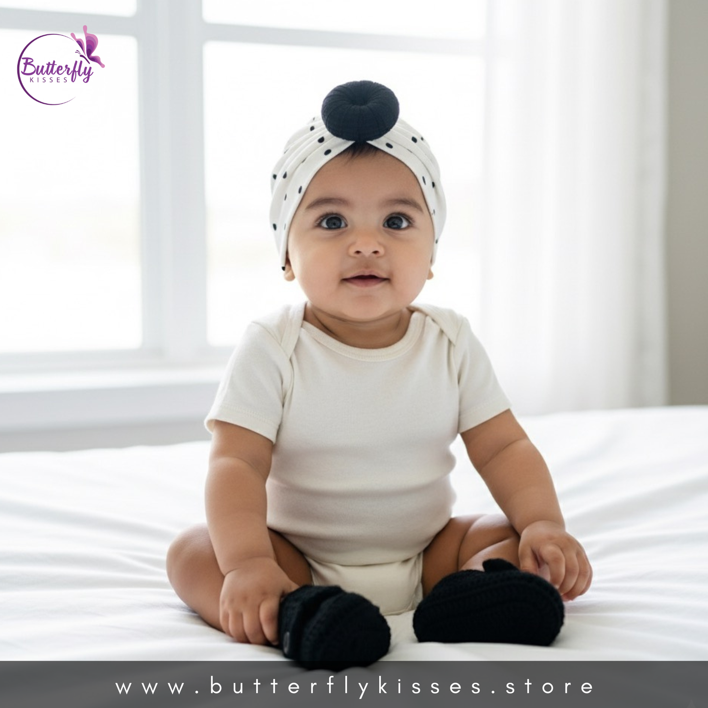 Black & White Polka Dot Baby Turban and Crochet Shoe Set