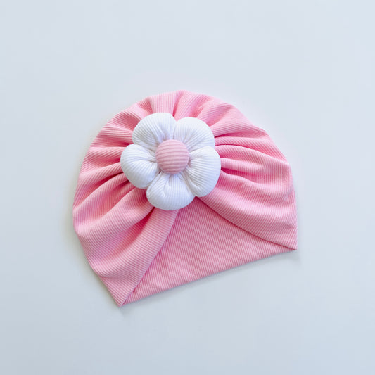 Pink Turban Hat with White Puffy Flower
