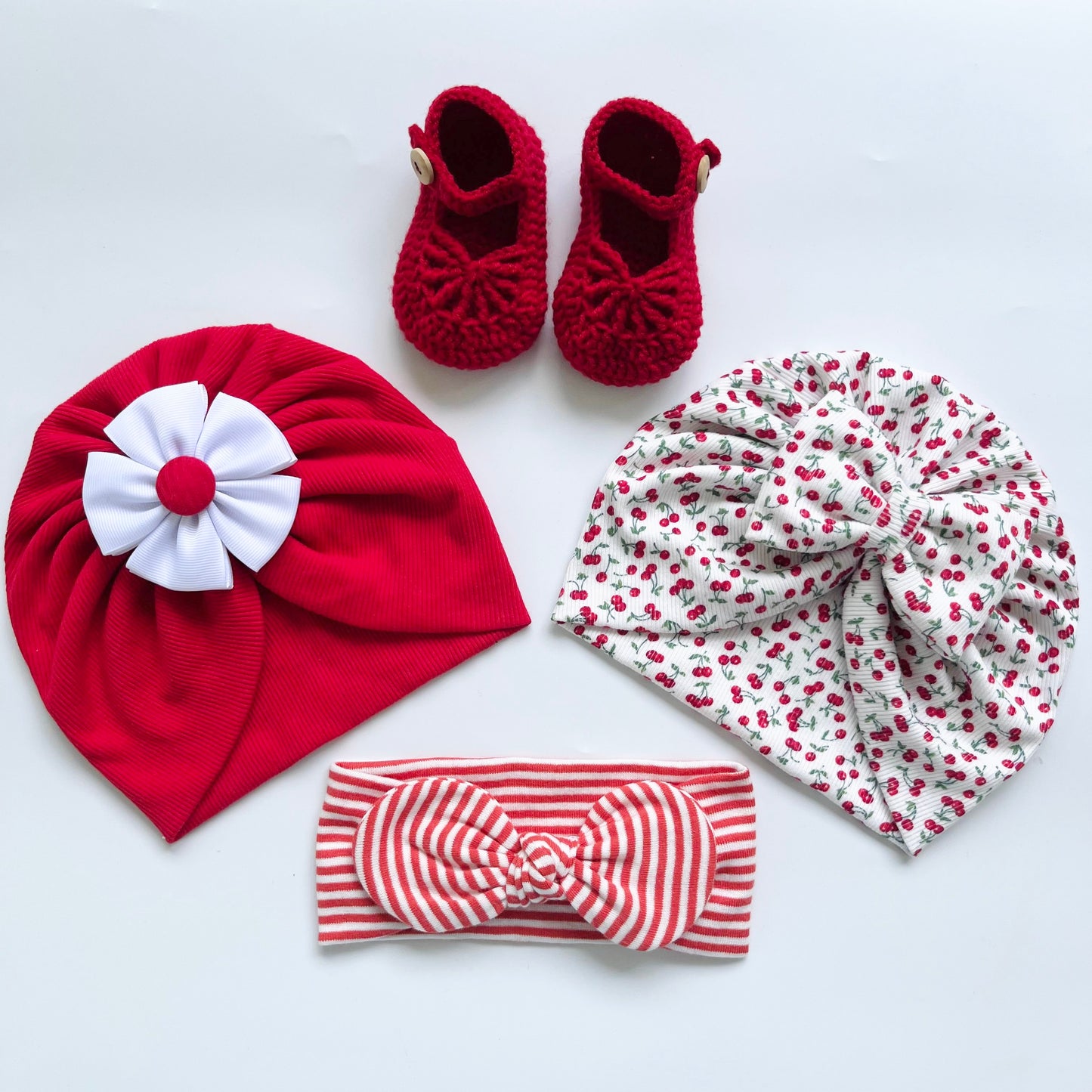 Red Baby Girl Gift Set – Ribbon Flower Turban, Cherry Printed Turban, Striped Headband & Crochet Shoe Set