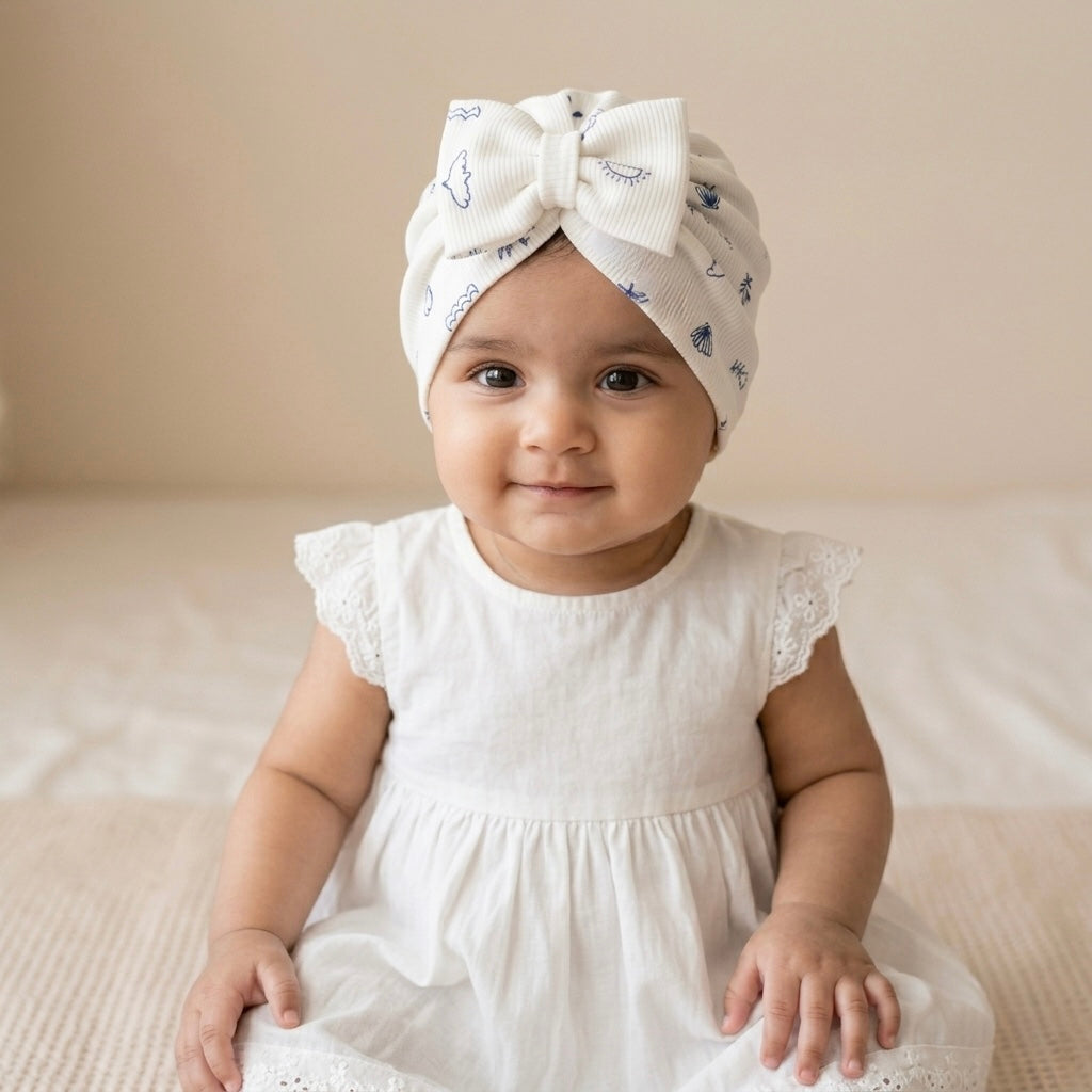 Baby Girl Ocean Doodle Bow Turban Hat – Soft Ribbed Cotton Beanie Cap