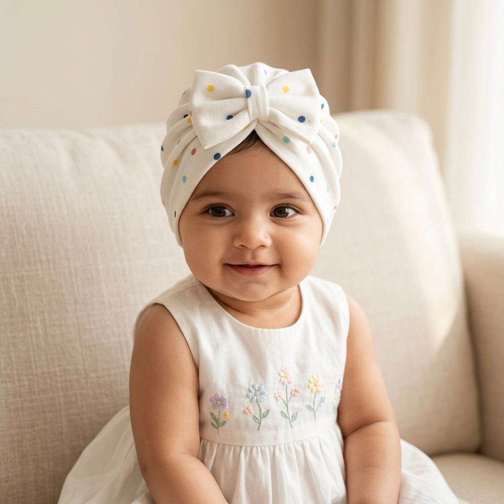 Baby Girl Confetti Bow Turban Hat – Soft Cotton Knot Beanie Cap