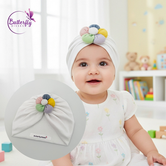 White Turban with Multicolour Puffy Flower