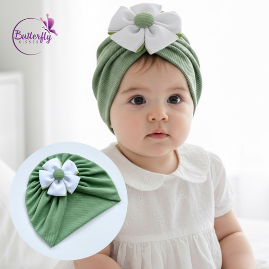 Light Hunter Green Baby Turban With White Ribbon Flower