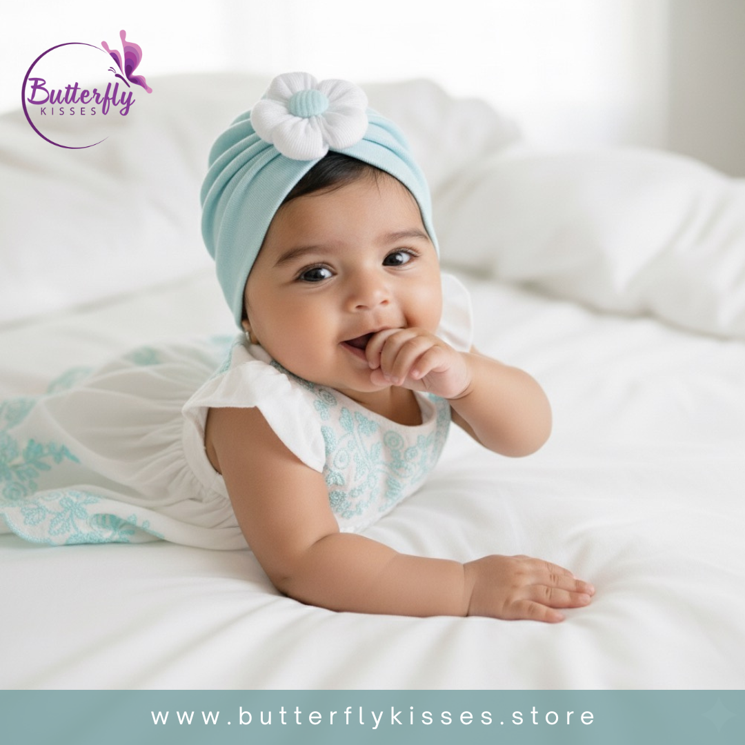 Light Blue Puffy Flower Baby Turban Hat