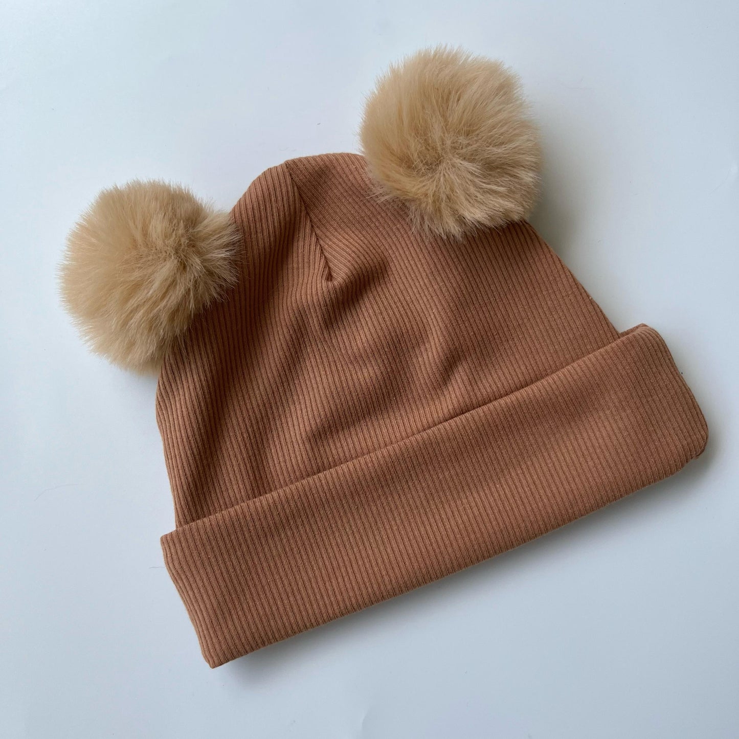 Light Brown Double Pom Pom Hat For Babies & Kids