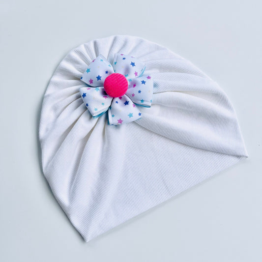 Twinkling Stars Ribbon Flower White Turban Hat