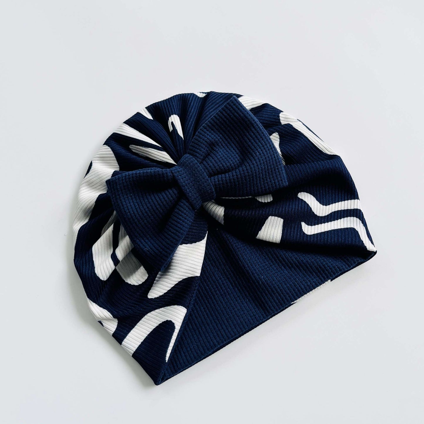 Blue & White Printed Baby Turban Hats in Bow, Flower & Donut Designs