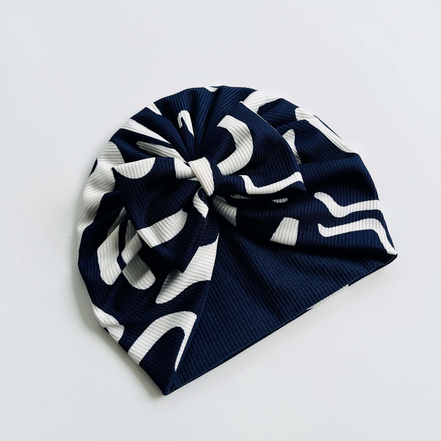 Blue & White Printed Baby Turban Hats in Bow, Flower & Donut Designs