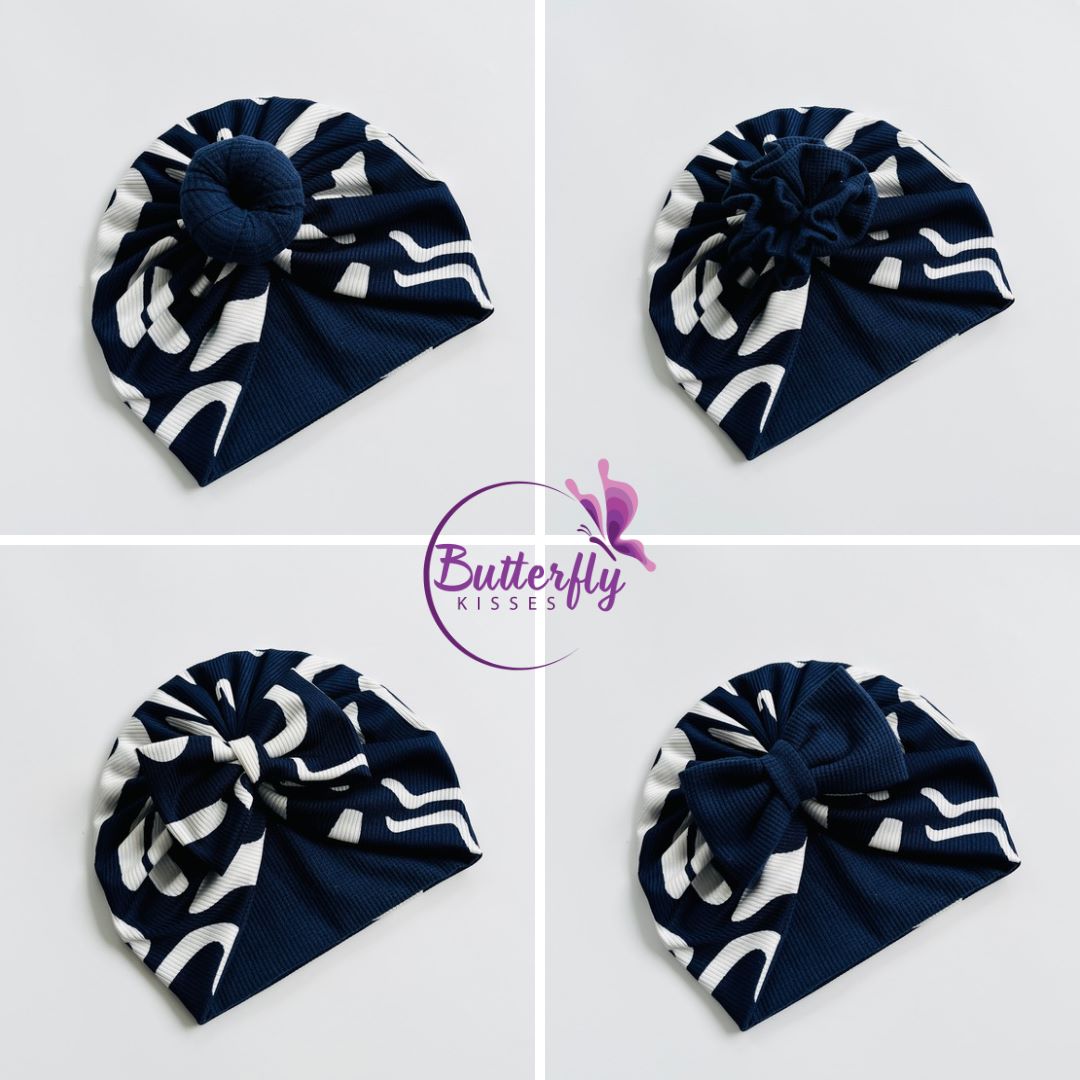Blue & White Printed Baby Turban Hats in Bow, Flower & Donut Designs