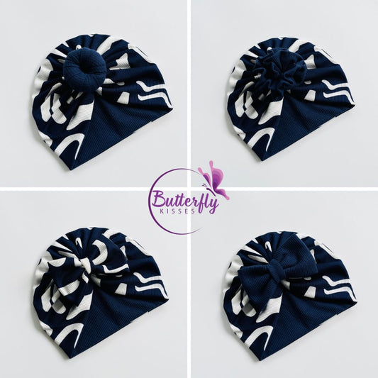 Blue & White Printed Baby Turban Hats in Bow, Flower & Donut Designs