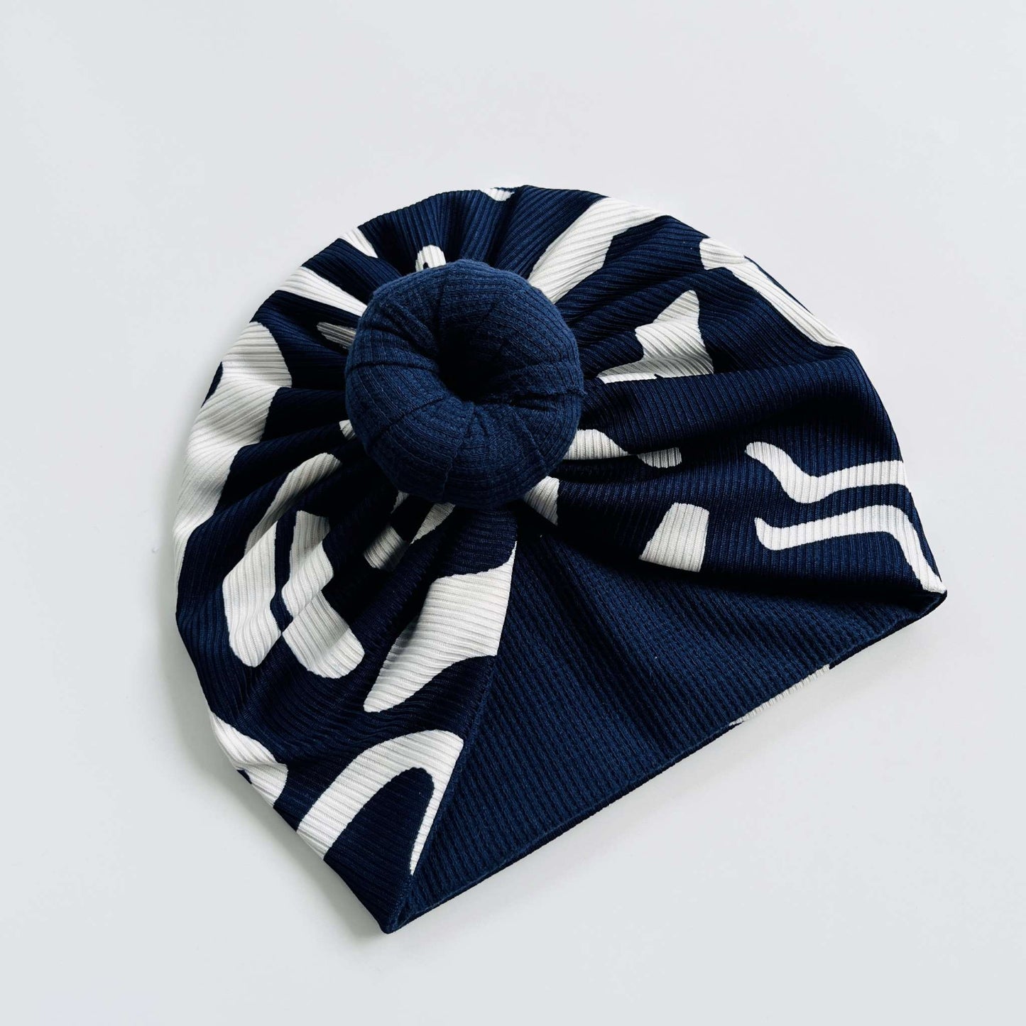 Blue & White Printed Baby Turban Hats in Bow, Flower & Donut Designs