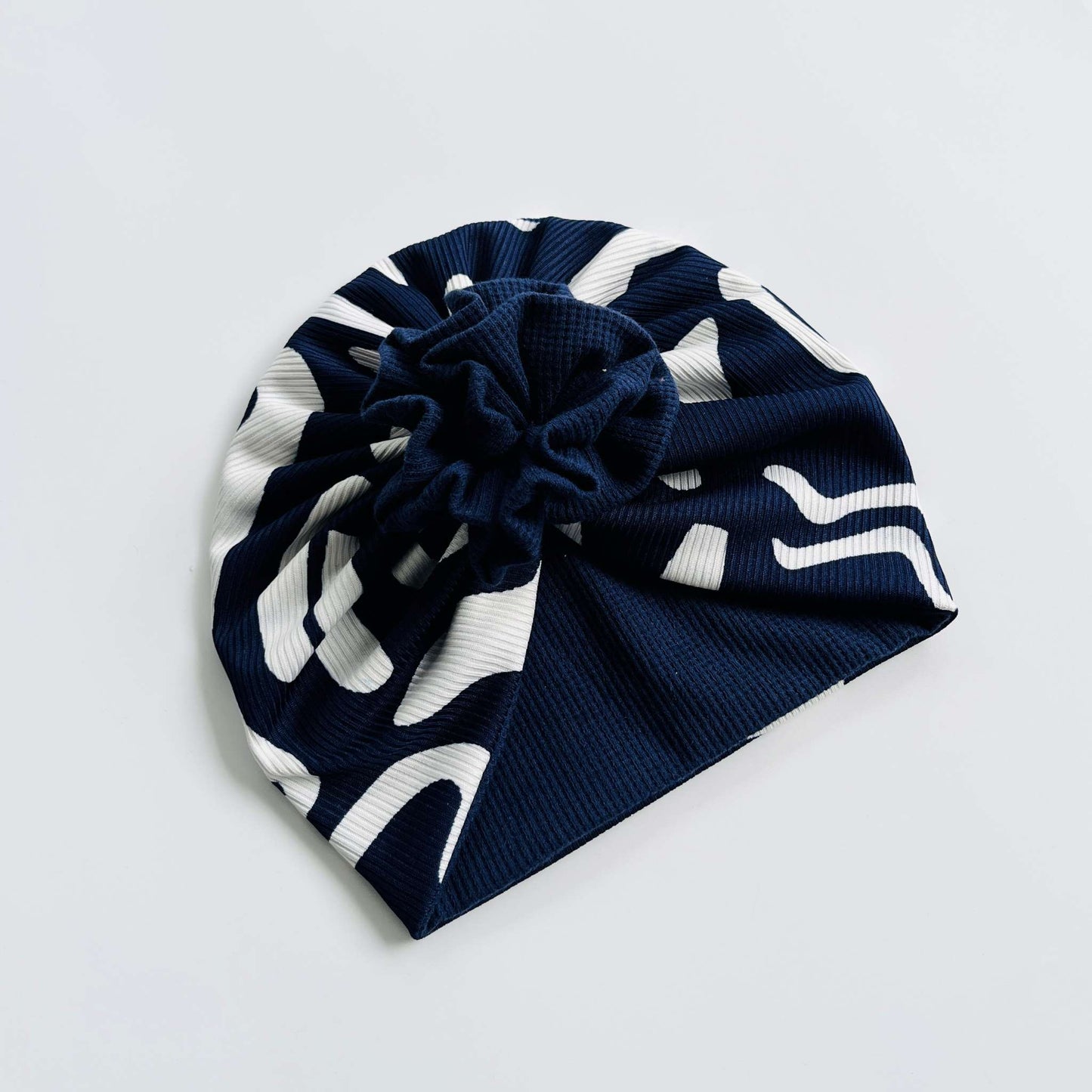 Blue & White Printed Baby Turban Hats in Bow, Flower & Donut Designs