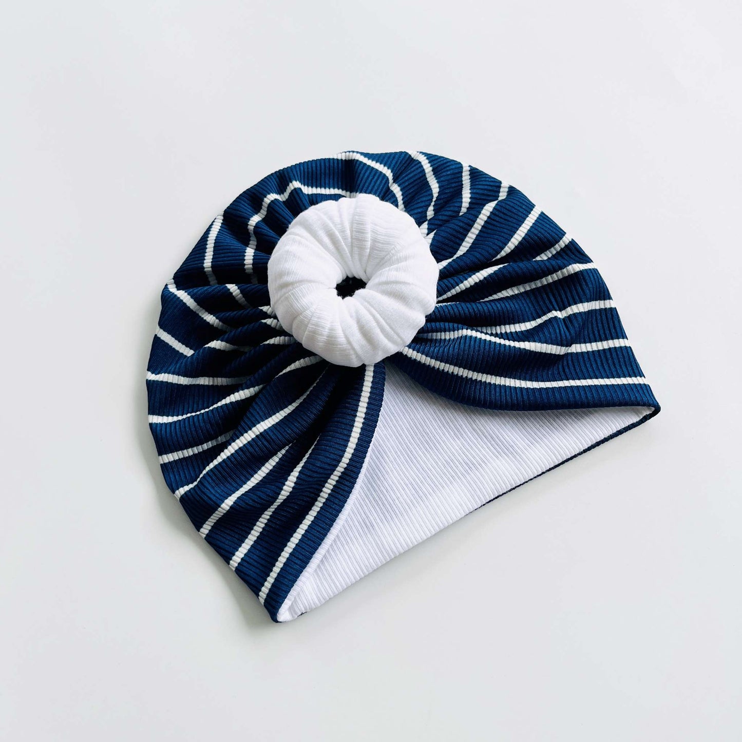 Blue & White Striped Baby Turban Hats in Bow, Flower & Donut Designs