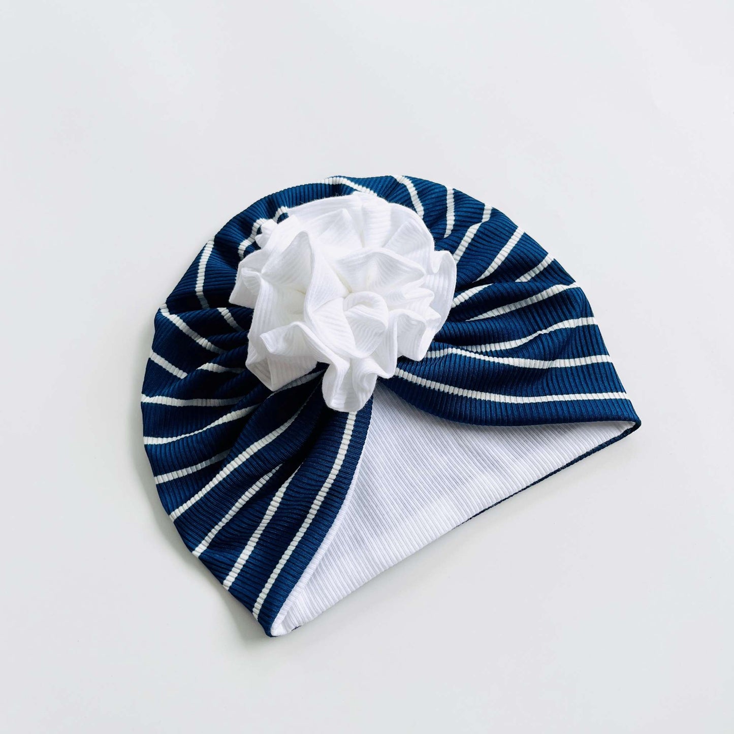 Blue & White Striped Baby Turban Hats in Bow, Flower & Donut Designs