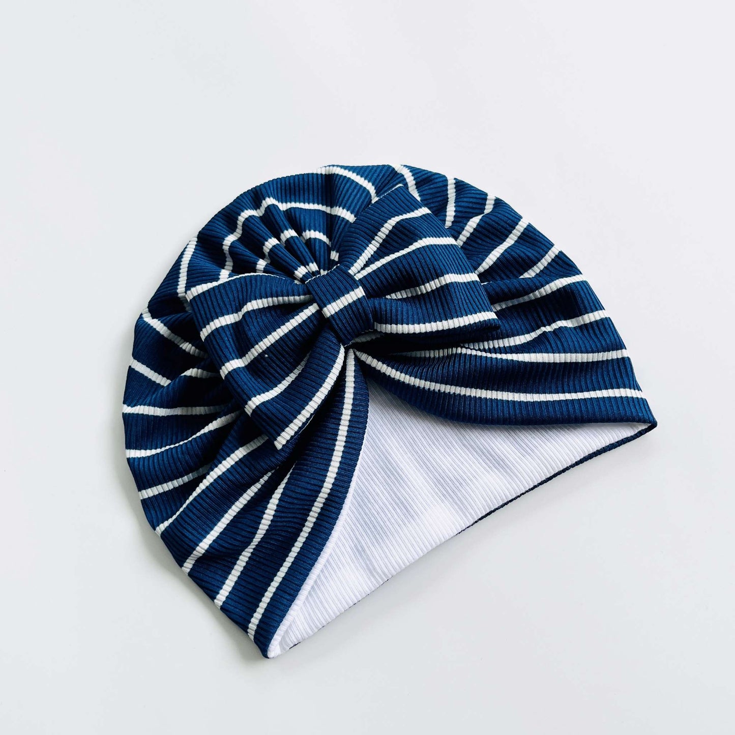Blue & White Striped Baby Turban Hats in Bow, Flower & Donut Designs