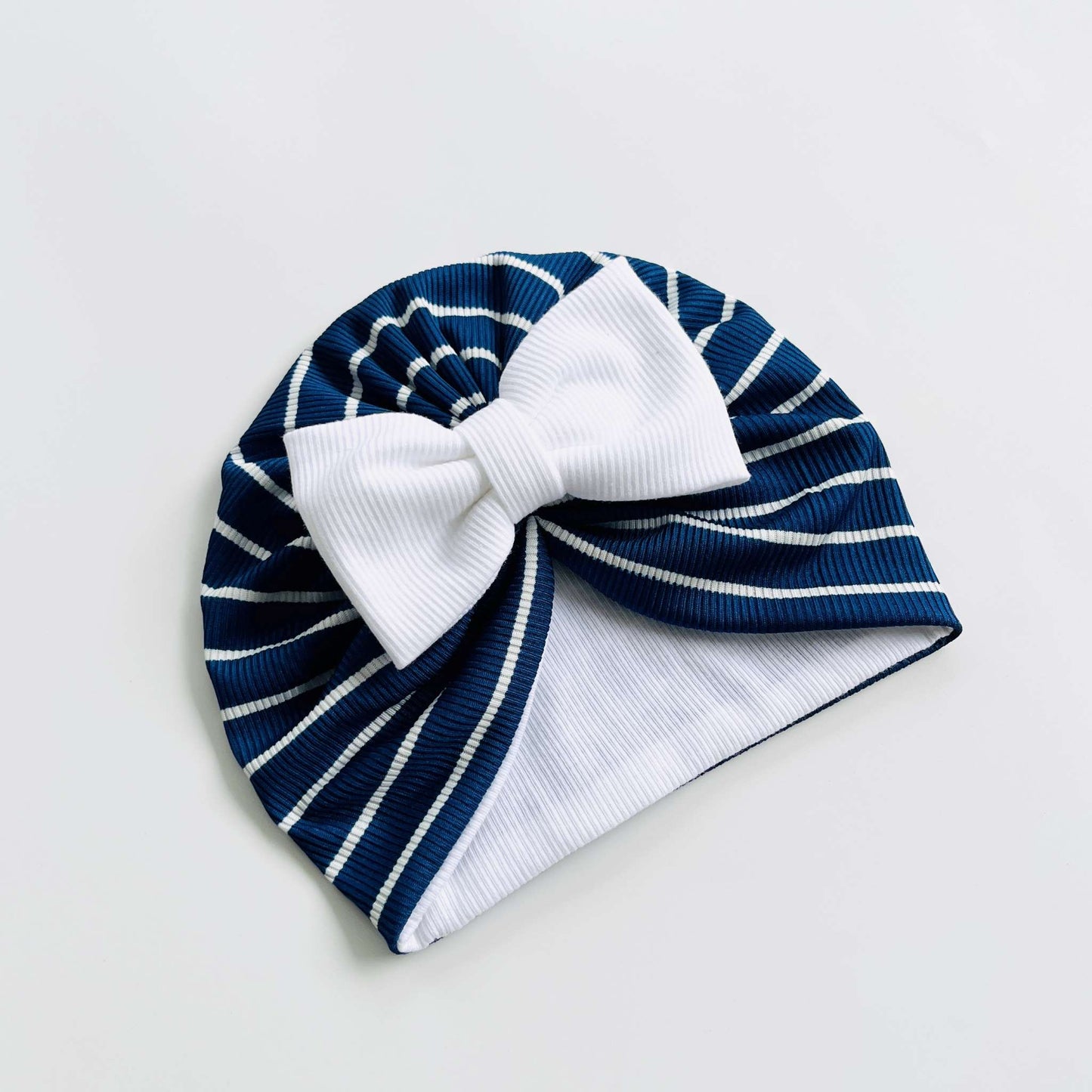 Blue & White Striped Baby Turban Hats in Bow, Flower & Donut Designs