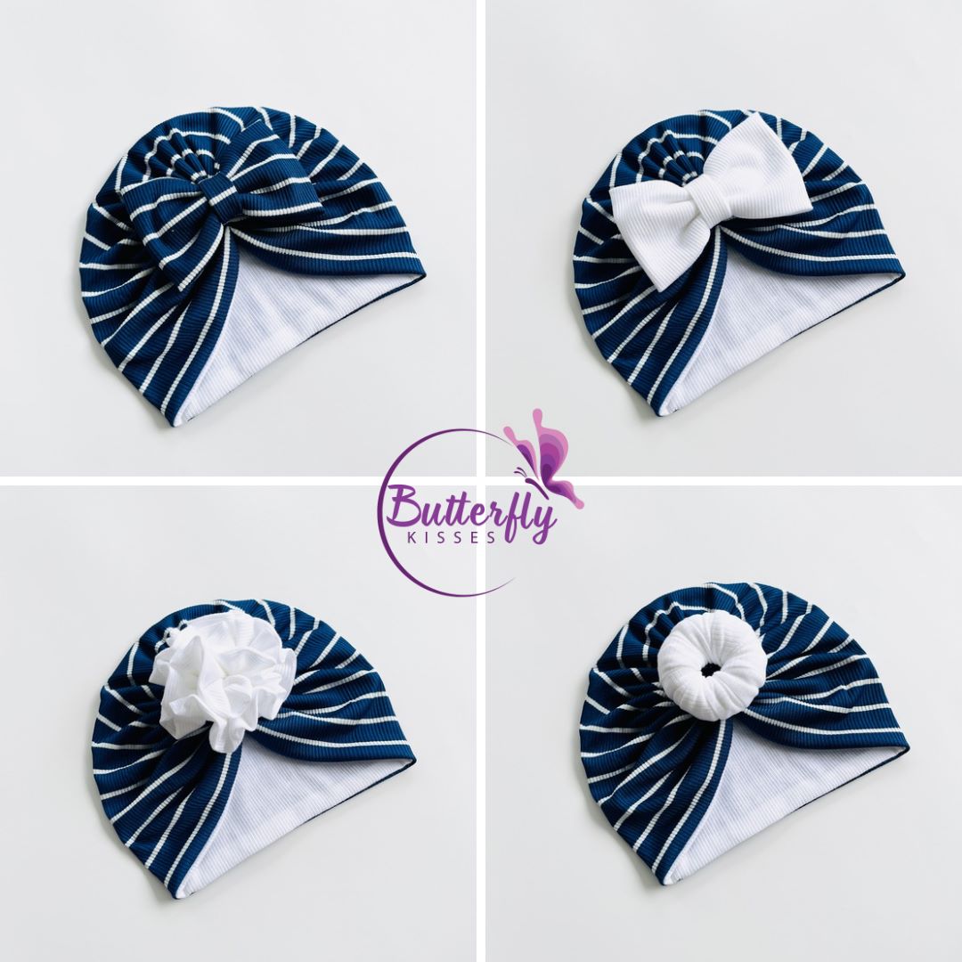 Blue & White Striped Baby Turban Hats in Bow, Flower & Donut Designs