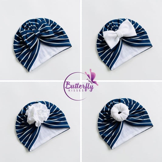 Blue & White Striped Baby Turban Hats in Bow, Flower & Donut Designs