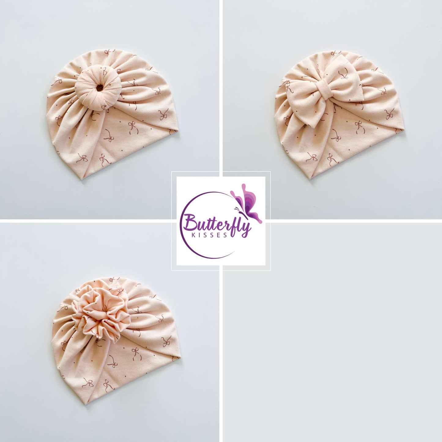 Bows Printed Light Peach Colour Baby Turban Hats in Bow, Flower & Donut Designs