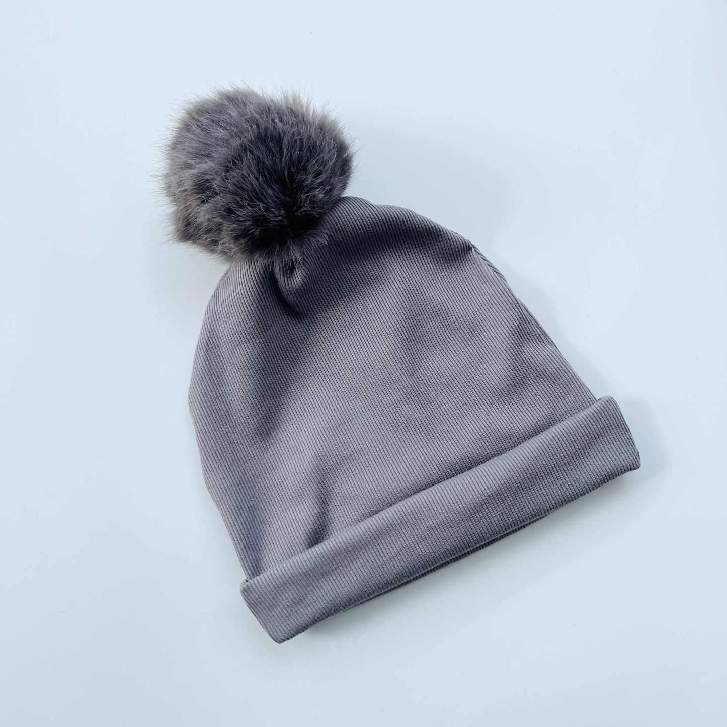 Gray Pom Pom Beanie – Cozy Winter Hat for Babies & Kids