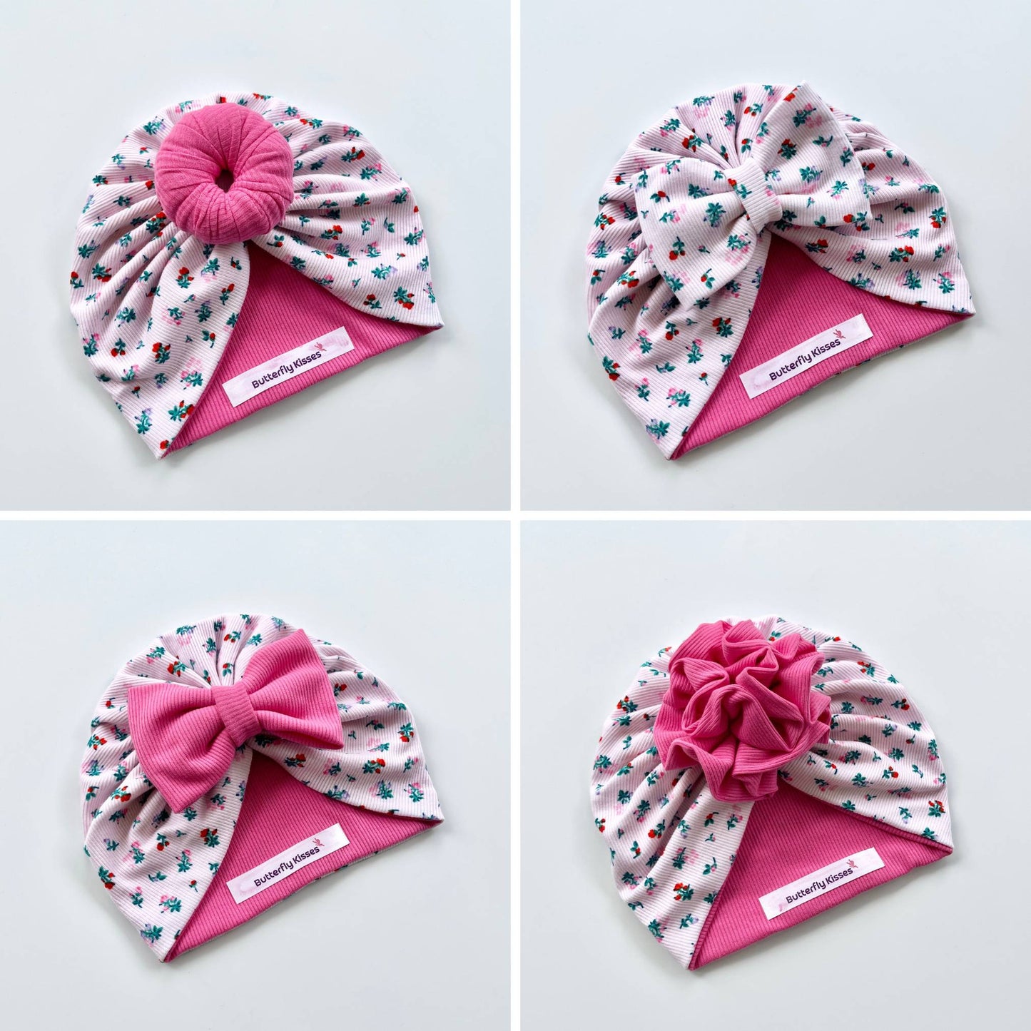 Blossom Pink Baby Turban Collection – Floral Print with Bow, Donut & Flower Designs