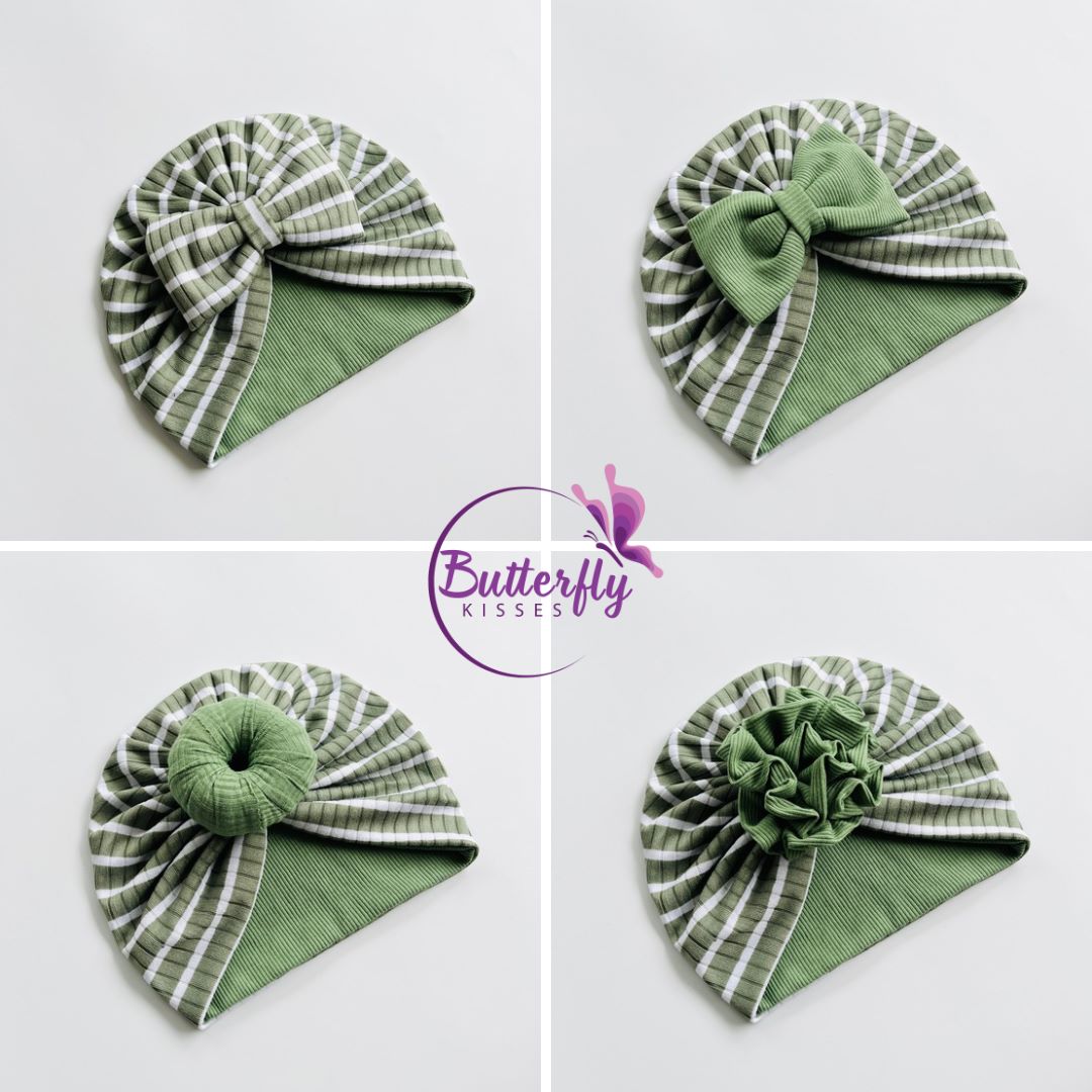 Green & White Striped Baby Turban Hats in Bow, Flower & Donut Designs