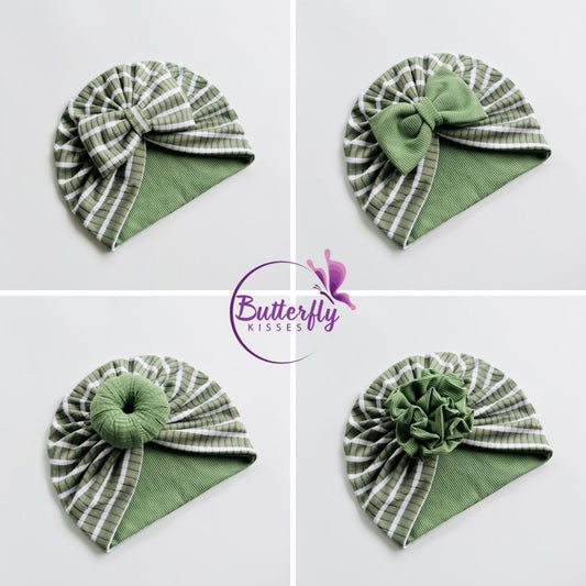 Green & White Striped Baby Turban Hats in Bow, Flower & Donut Designs