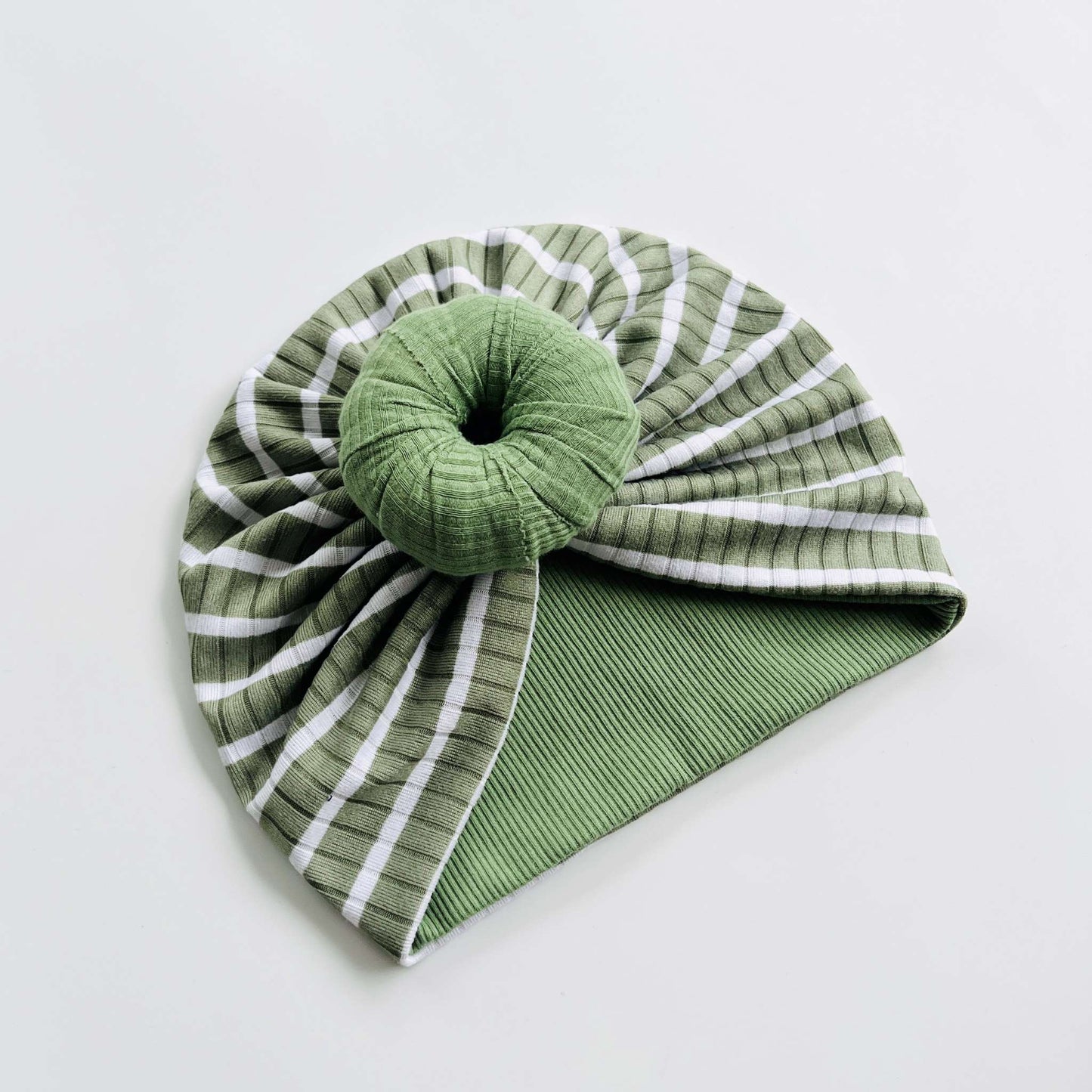 Green & White Striped Baby Turban Hats in Bow, Flower & Donut Designs