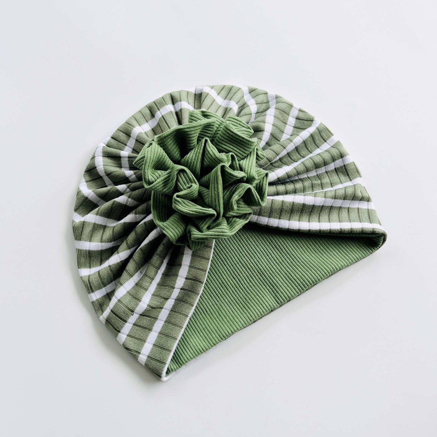 Green & White Striped Baby Turban Hats in Bow, Flower & Donut Designs