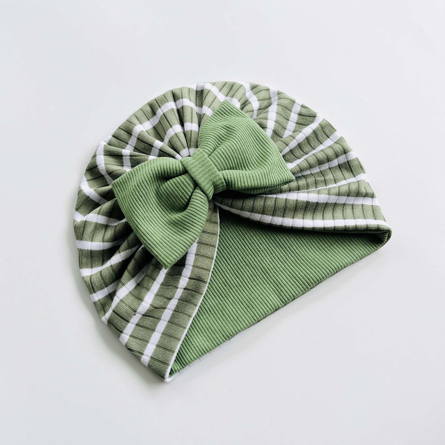 Green & White Striped Baby Turban Hats in Bow, Flower & Donut Designs