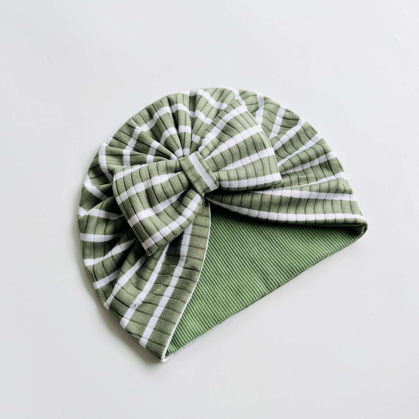 Green & White Striped Baby Turban Hats in Bow, Flower & Donut Designs