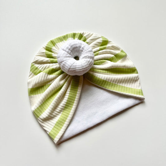 Light Green And White Striped Baby Turban Hat - Donut Design