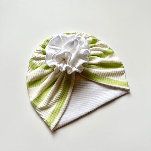 Light Green And White Striped Baby Turban Hat - Flower Design