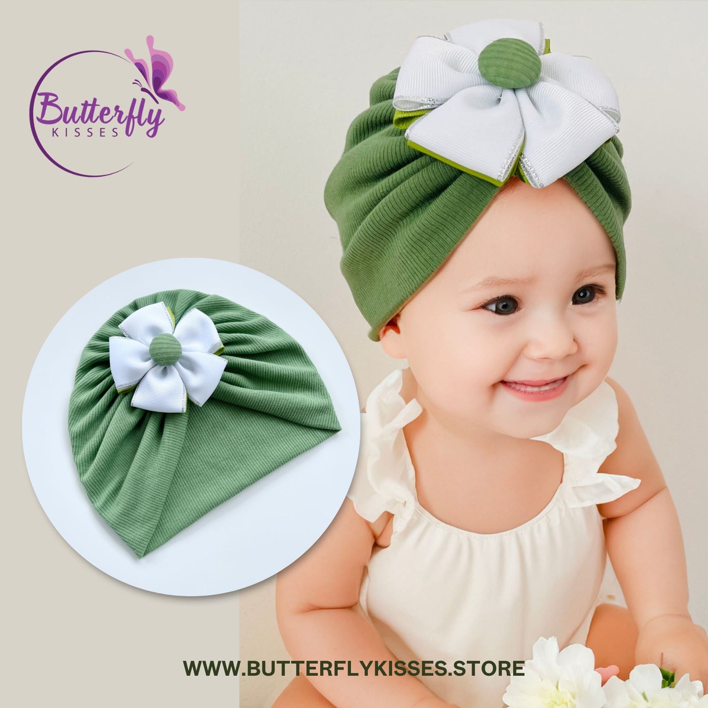 Light Hunter Green Baby Turban With White Ribbon Flower