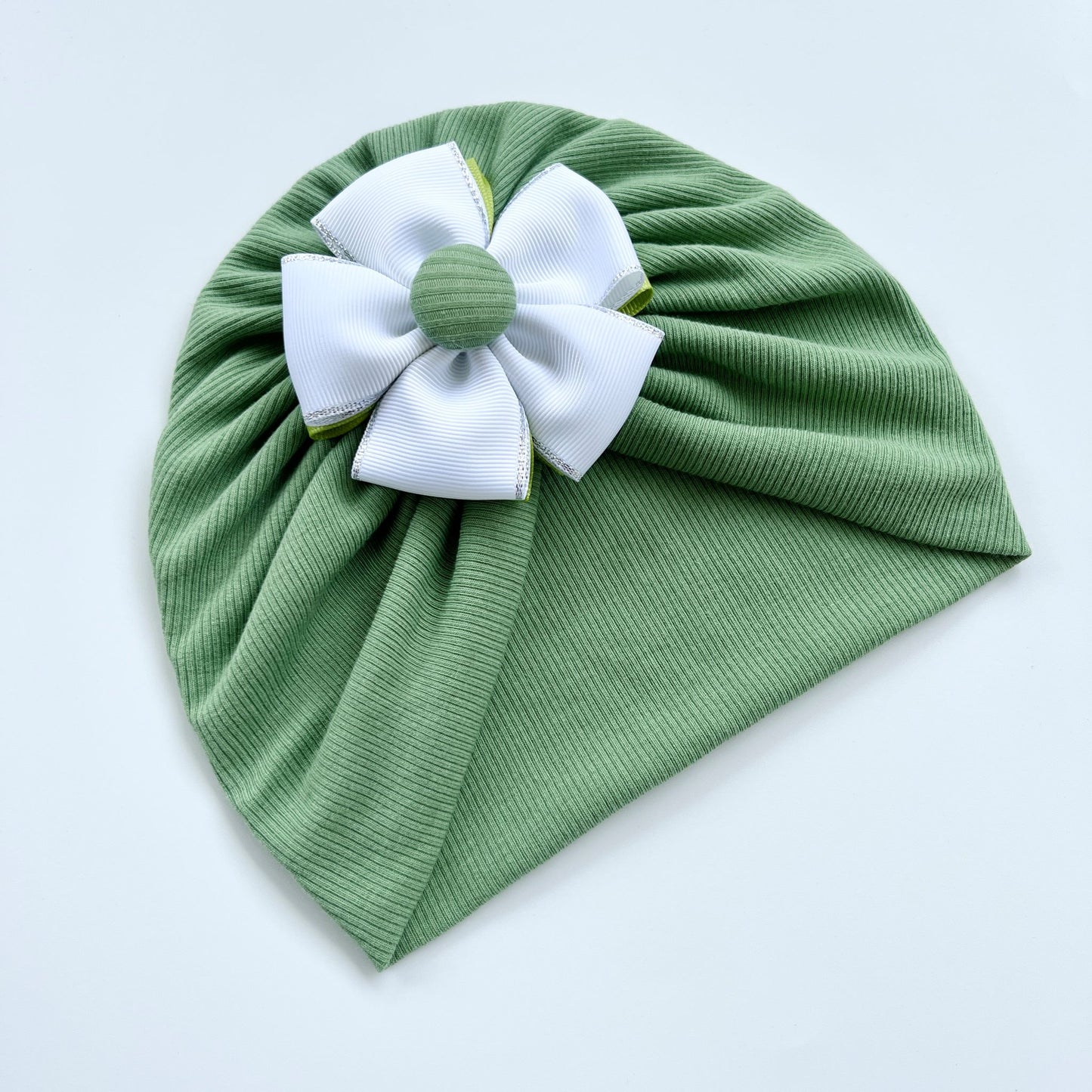 Light Hunter Green Baby Turban With White Ribbon Flower
