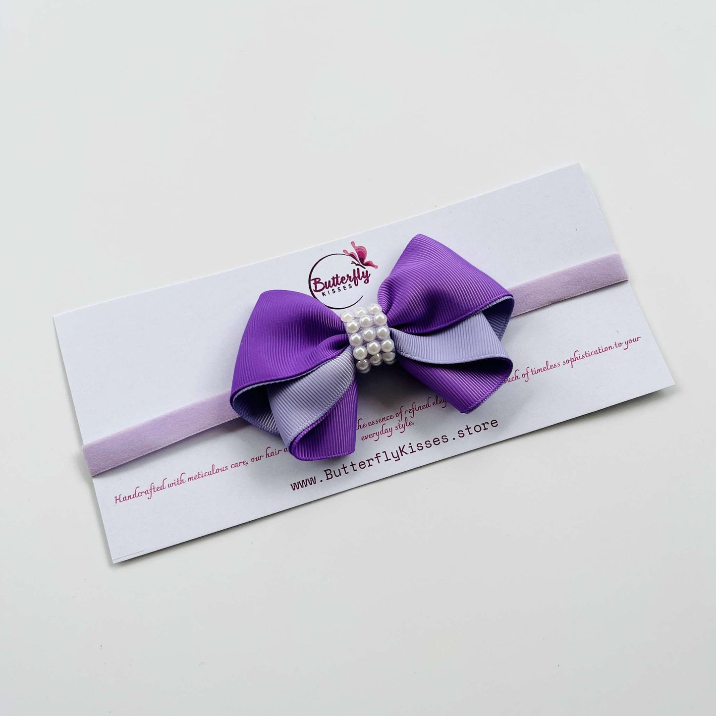Pearls Embedded Purple Colour Ribbon Bow Baby Headband