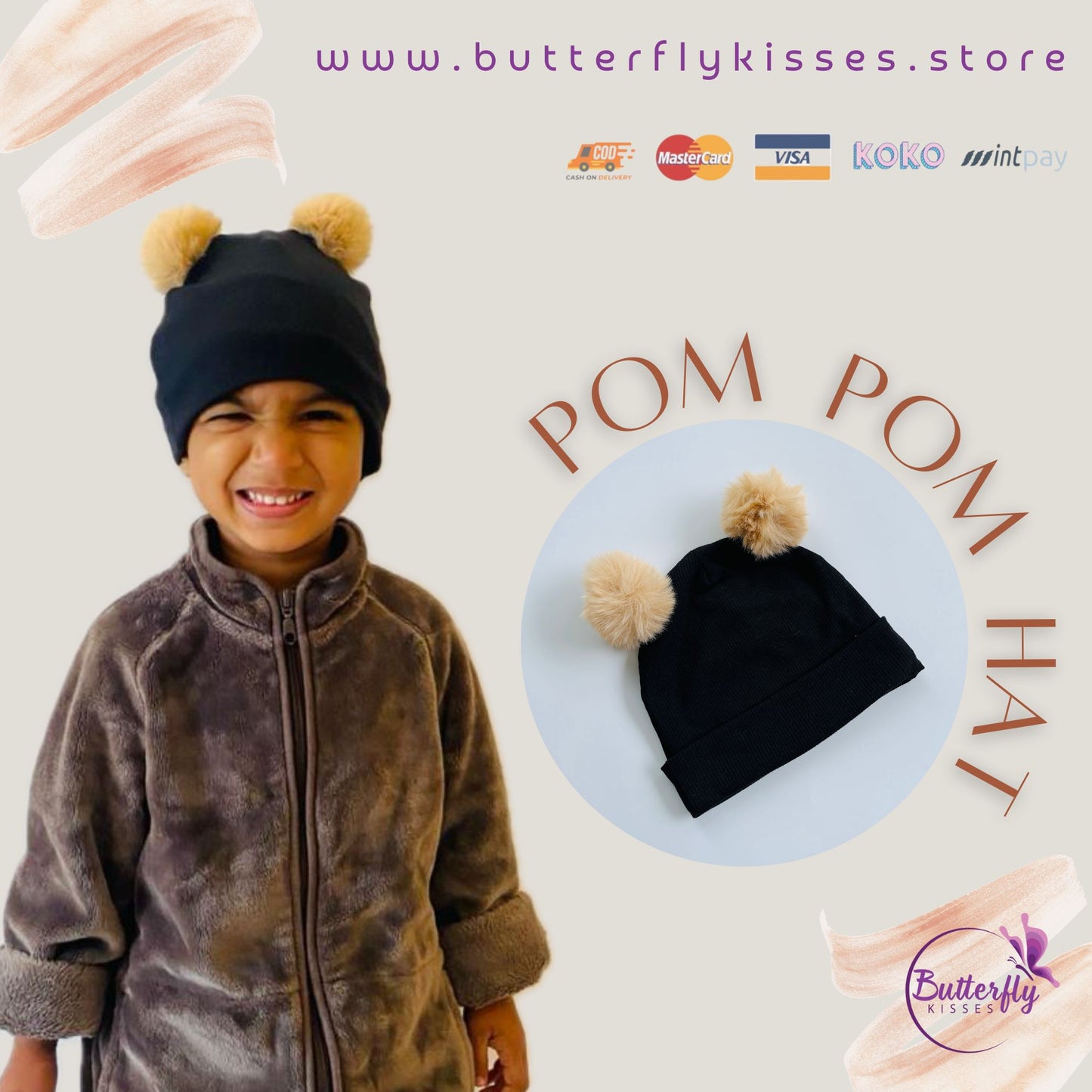 Black Beanie Hat wIth Brown Pom Pom Balls for Babies & Kids